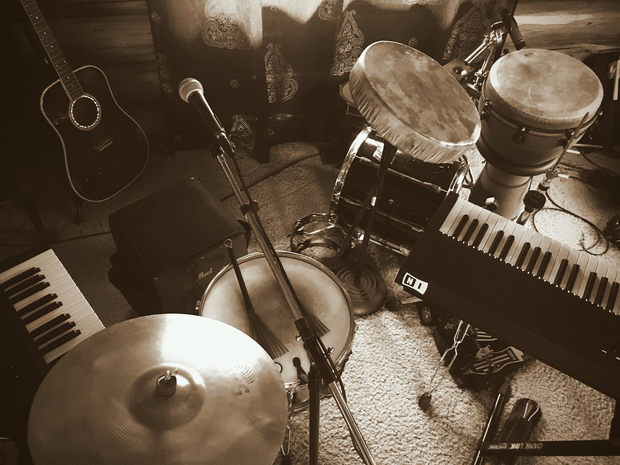 Eric's instruments — drums, piano, percussion